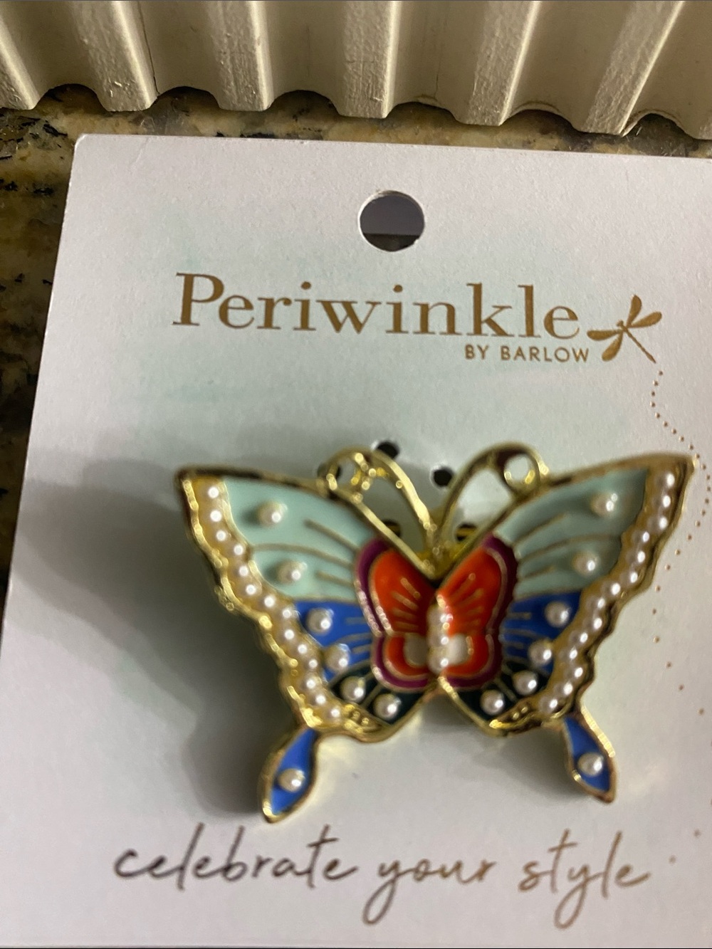 Periwinkle by Barlow Gold-Tone Butterfly Pin in Mint, Blue & Red w faux pearls